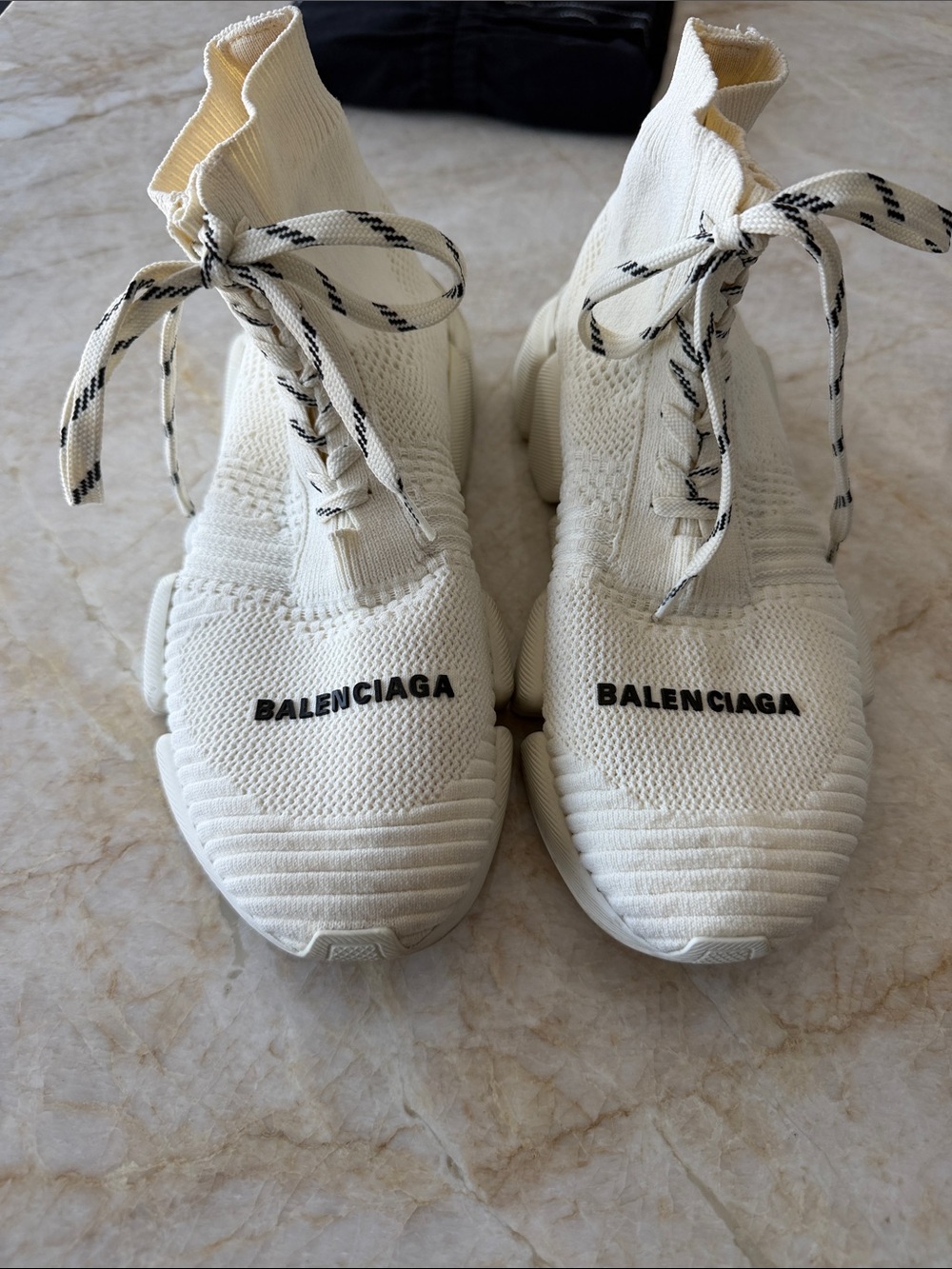 Balenciaga Cream Knit High-Top Sock Sneakers with Black Logo